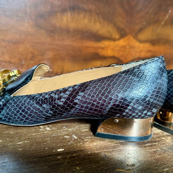 TORY BURCH Jessa black & grey leather buckle horse head block heel loafer 6M - Picture 8 of 12